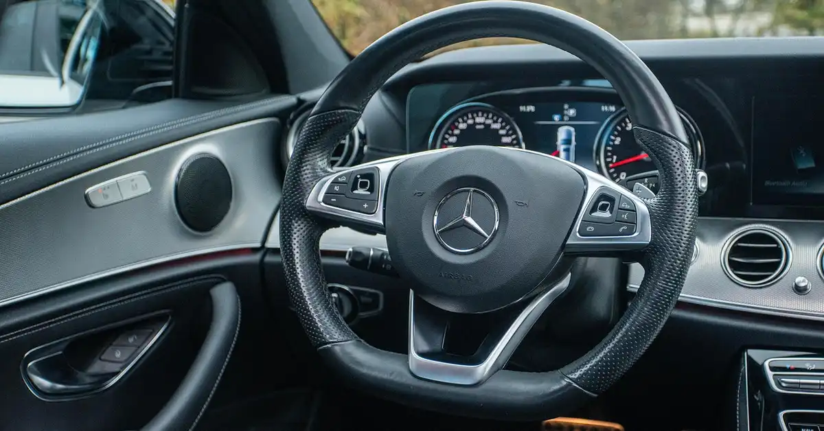 premium German car steering wheel and interior