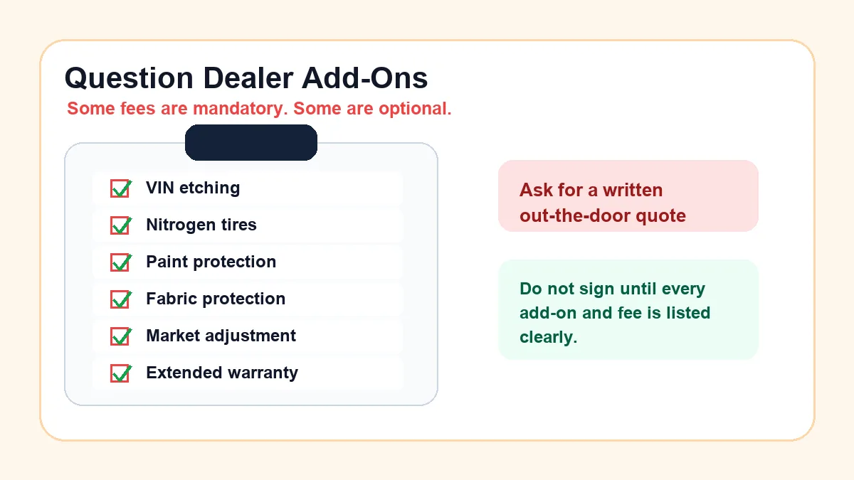 dealer add-on fee checklist before buying a car