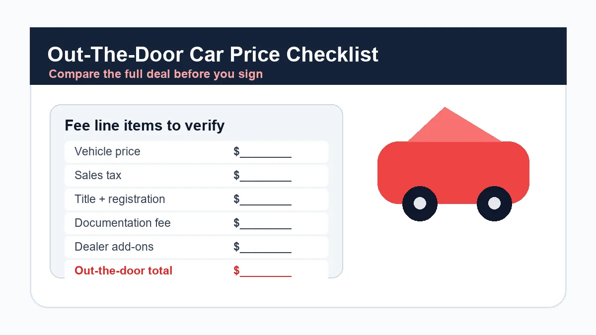 car buyer reviewing out-the-door fees before signing