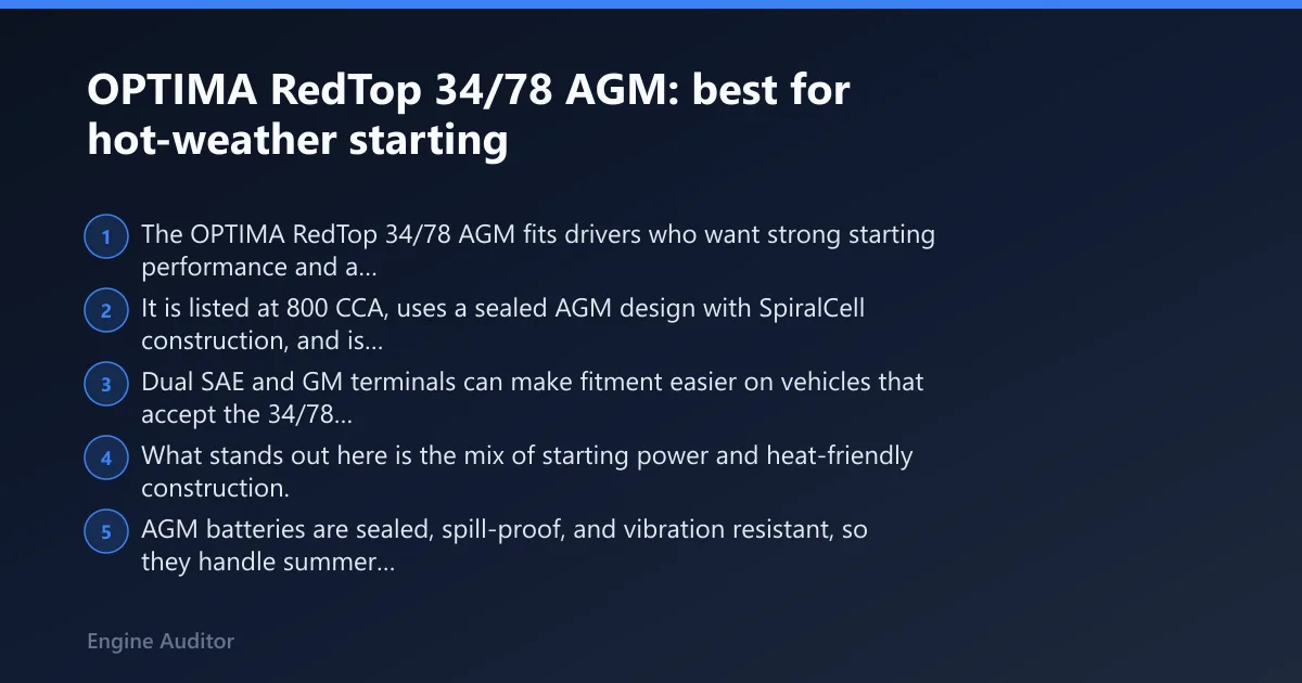 Steps: OPTIMA RedTop 34/78 AGM: best for hot-weather starting