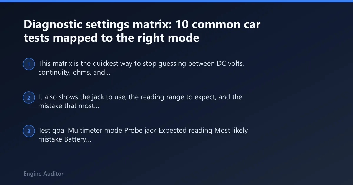 Steps: Diagnostic settings matrix: 10 common car tests mapped to the right mode