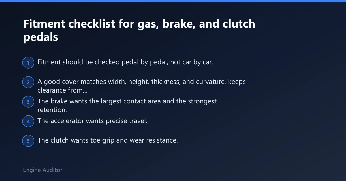 Steps: Fitment checklist for gas, brake, and clutch pedals