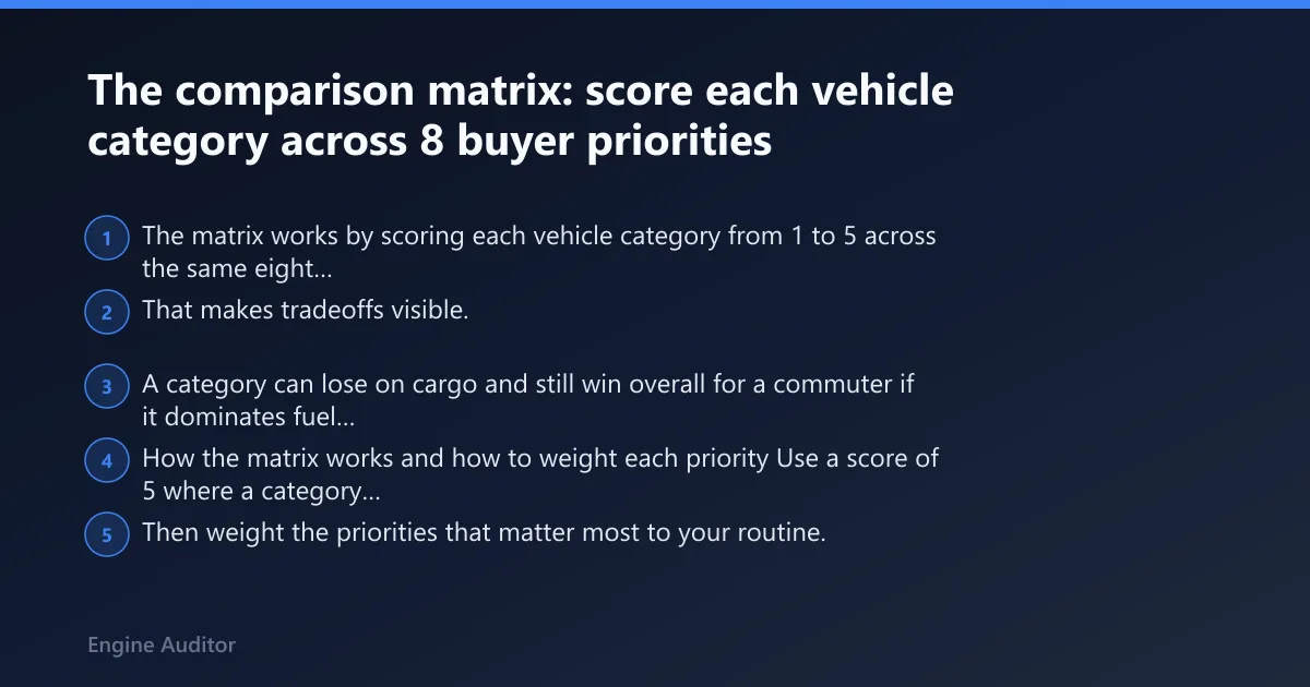 Steps: The comparison matrix: score each vehicle category across 8 buyer priorities