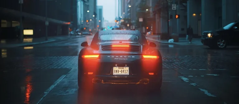 Driver checking dashboard warning lights beside a sedan at dusk