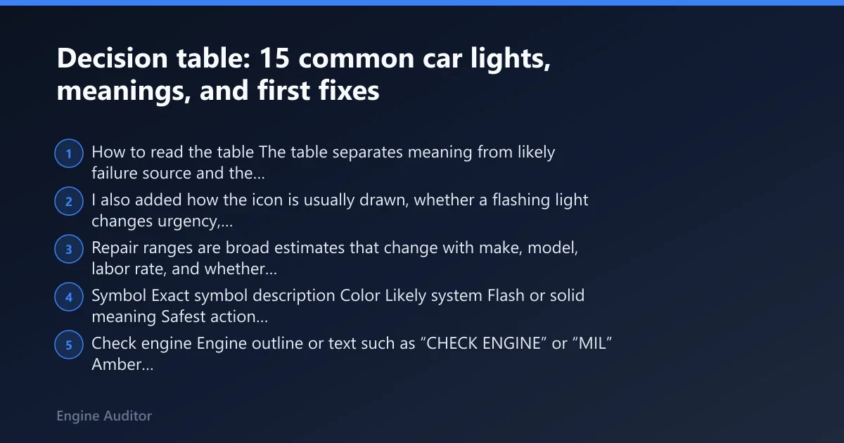 Steps: Decision table: 15 common car lights, meanings, and first fixes