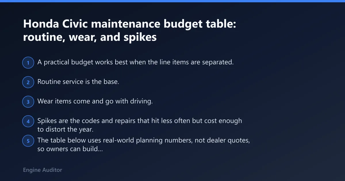 Steps: Honda Civic maintenance budget table: routine, wear, and spikes