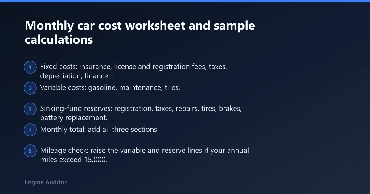 Steps: Monthly car cost worksheet and sample calculations