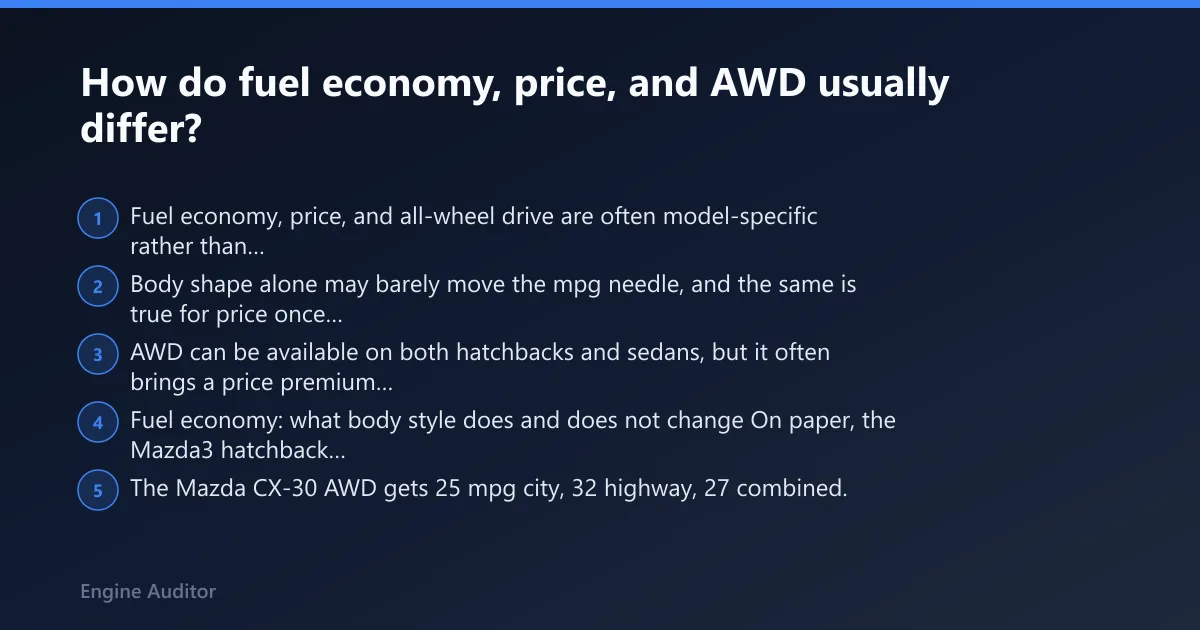 Steps: How do fuel economy, price, and AWD usually differ?
