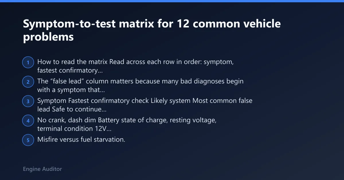 Steps: Symptom-to-test matrix for 12 common vehicle problems