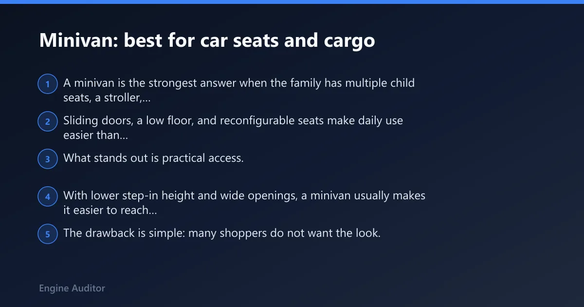 Steps: Minivan: best for car seats and cargo