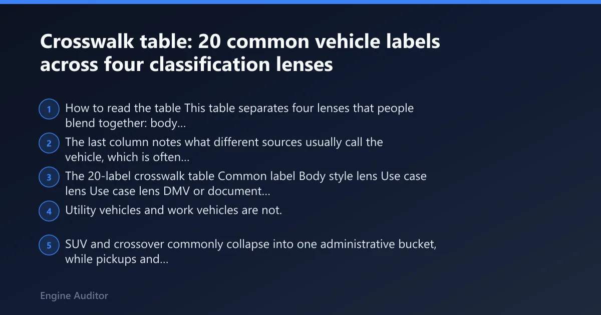 Steps: Crosswalk table: 20 common vehicle labels across four classification lenses