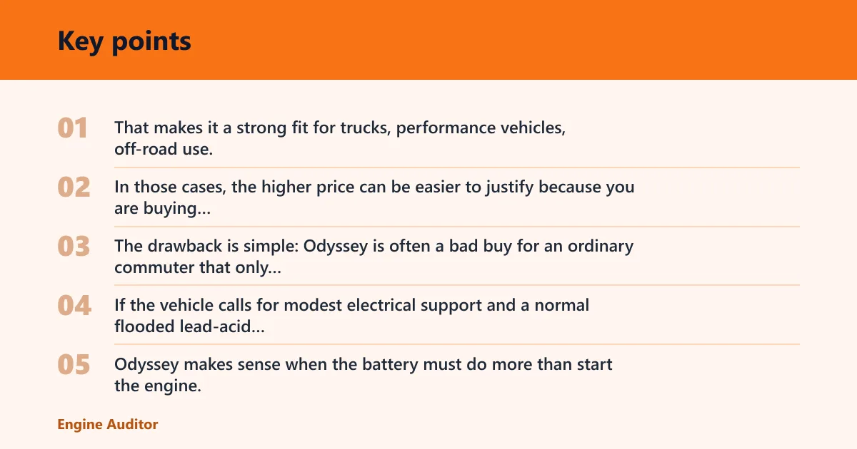 Key points: Odyssey: best for demanding vehicles