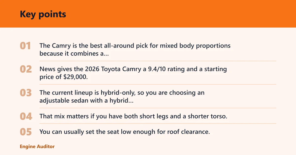 Key points: Toyota Camry: best for mixed fit