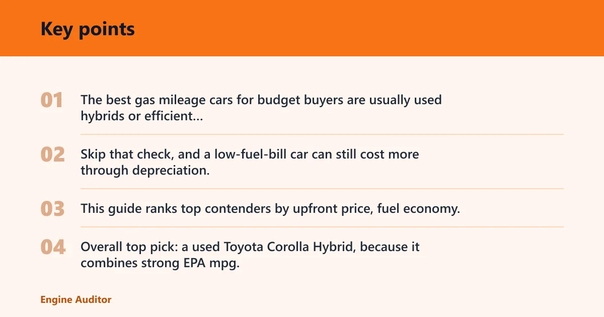 Key points: Best gas mileage cars for budget buyers: top picks at a glance