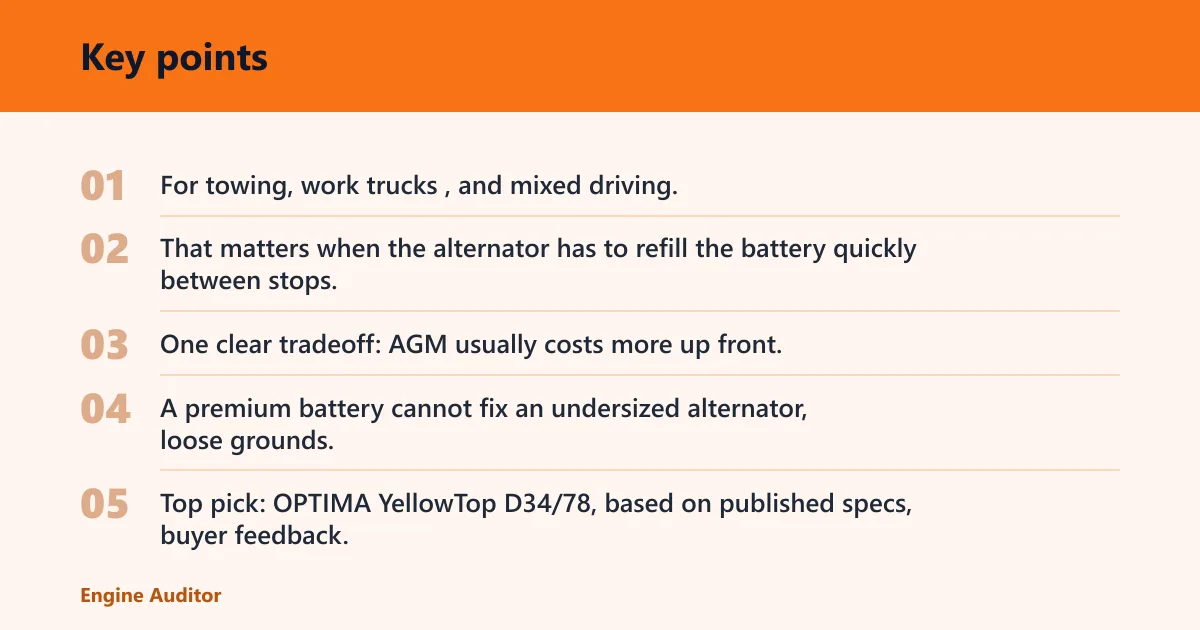 Key points: AGM battery: best for towing and work use