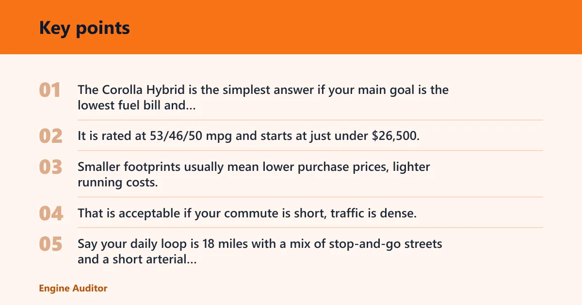 Key points: Toyota Corolla Hybrid: best for lowest running costs