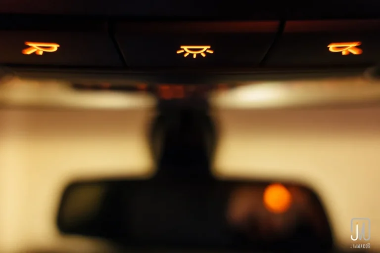 Car interior at dusk with a clip-on reading light illuminating a person reading a map