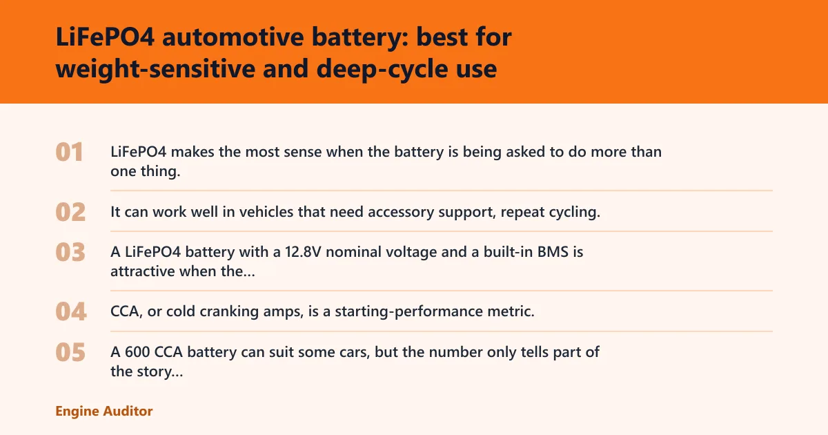 Steps: LiFePO4 automotive battery: best for weight-sensitive and deep-cycle use