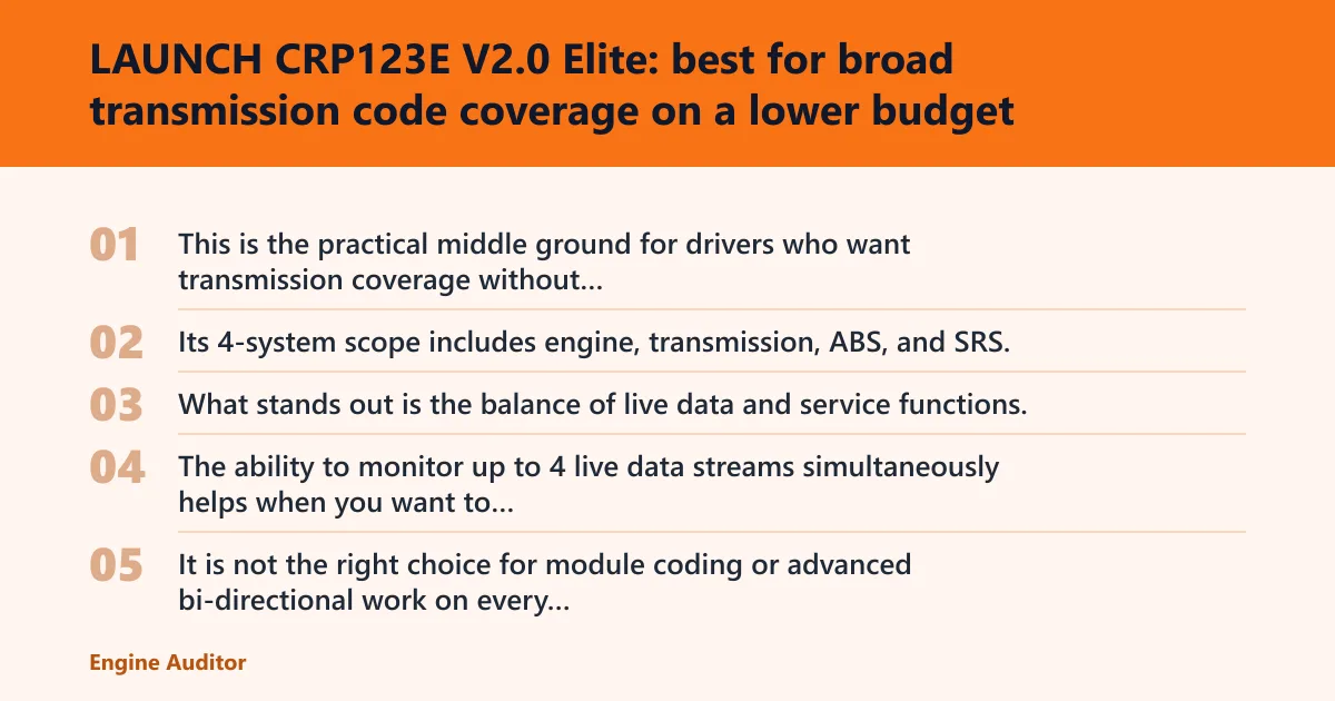 Steps: LAUNCH CRP123E V2.0 Elite: best for broad transmission code coverage on a lower budget