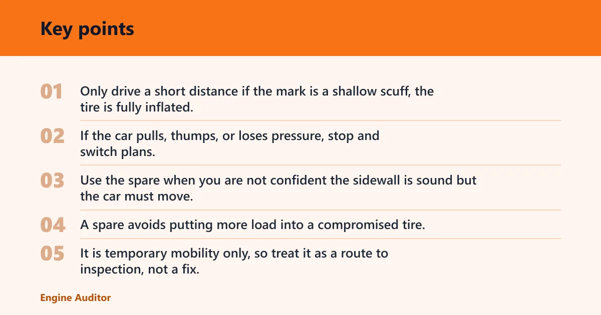 Key points: Should you drive, use a spare, or tow the car?