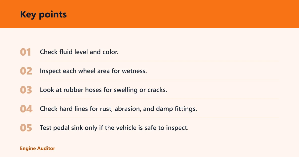 Key points: Brake fluid, lines, and leaks