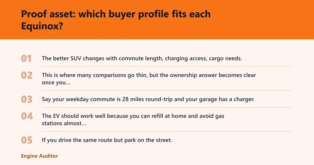 Steps: Proof asset: which buyer profile fits each Equinox?