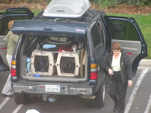 A family loads backpacks and a stroller beside a Chevy Traverse and Tahoe in a driveway.
