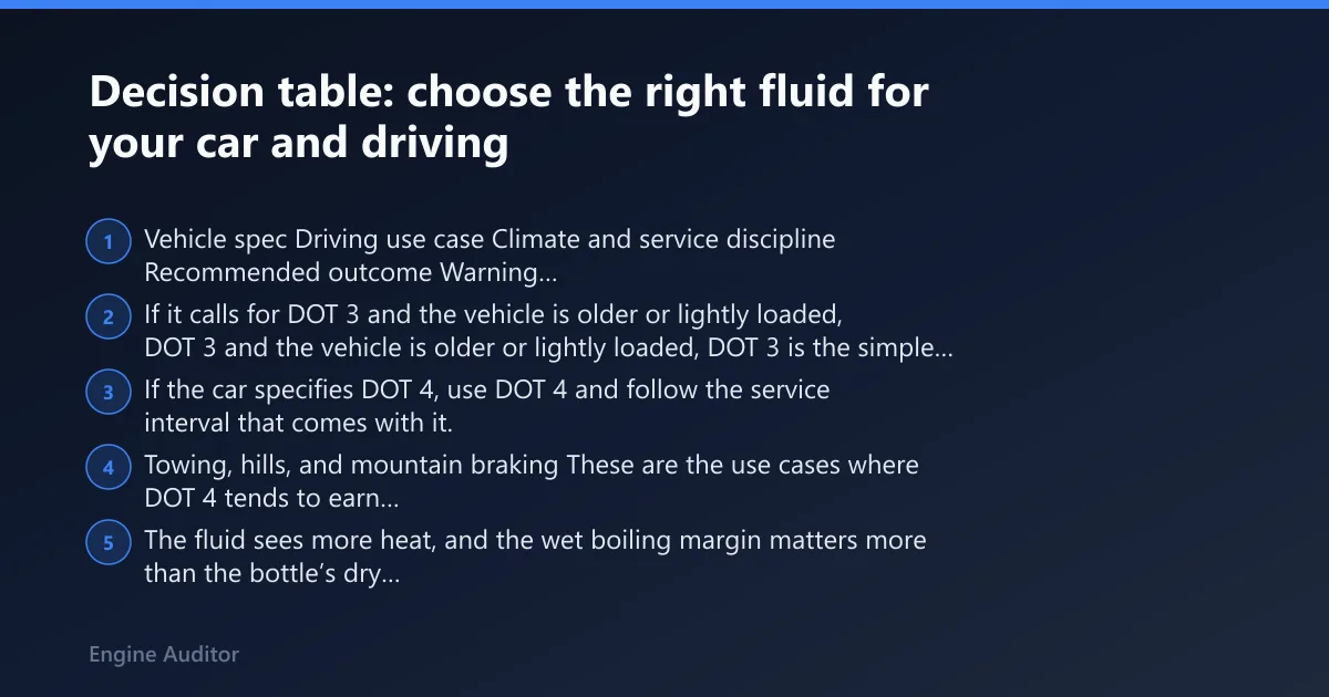 Steps: Decision table: choose the right fluid for your car and driving
