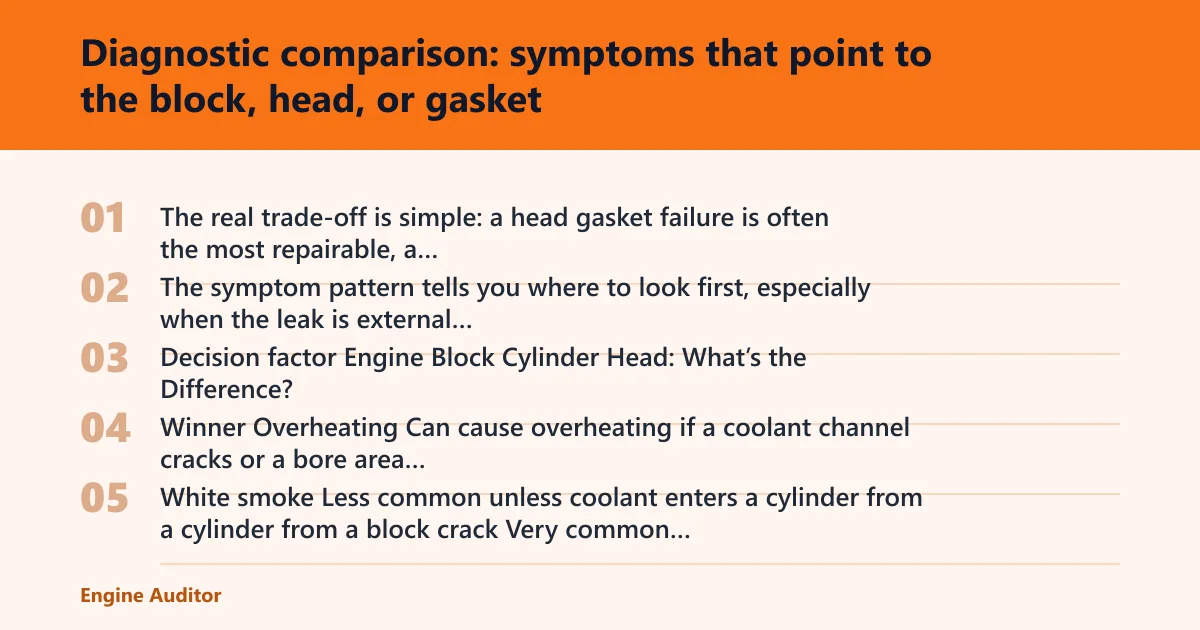 Steps: Diagnostic comparison: symptoms that point to the block, head, or gasket