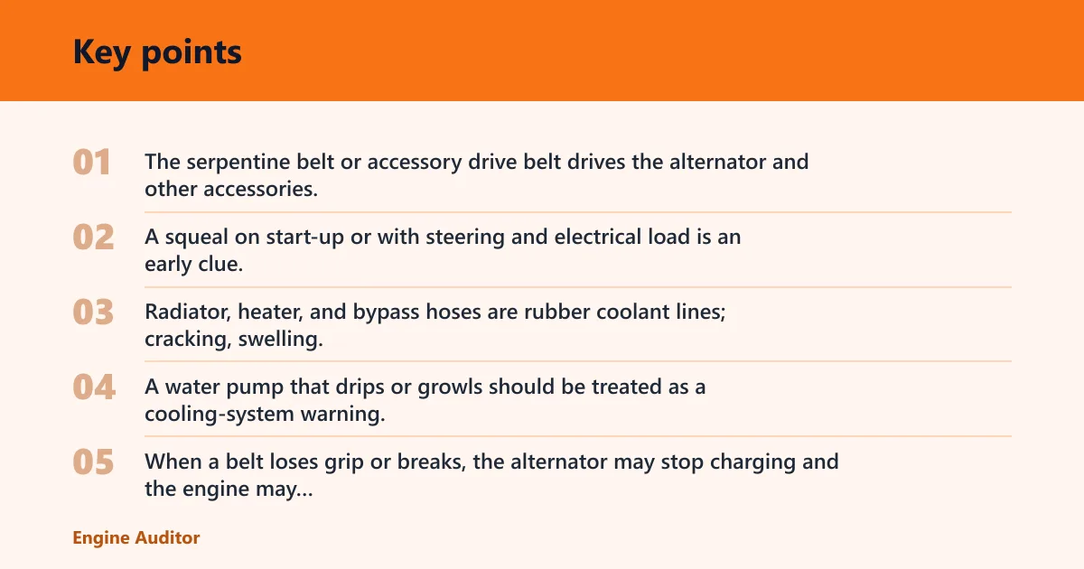 Key points: Belts, hoses, and the water pump