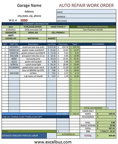 Mechanic comparing a repair invoice with worn brake pads and a replacement filter