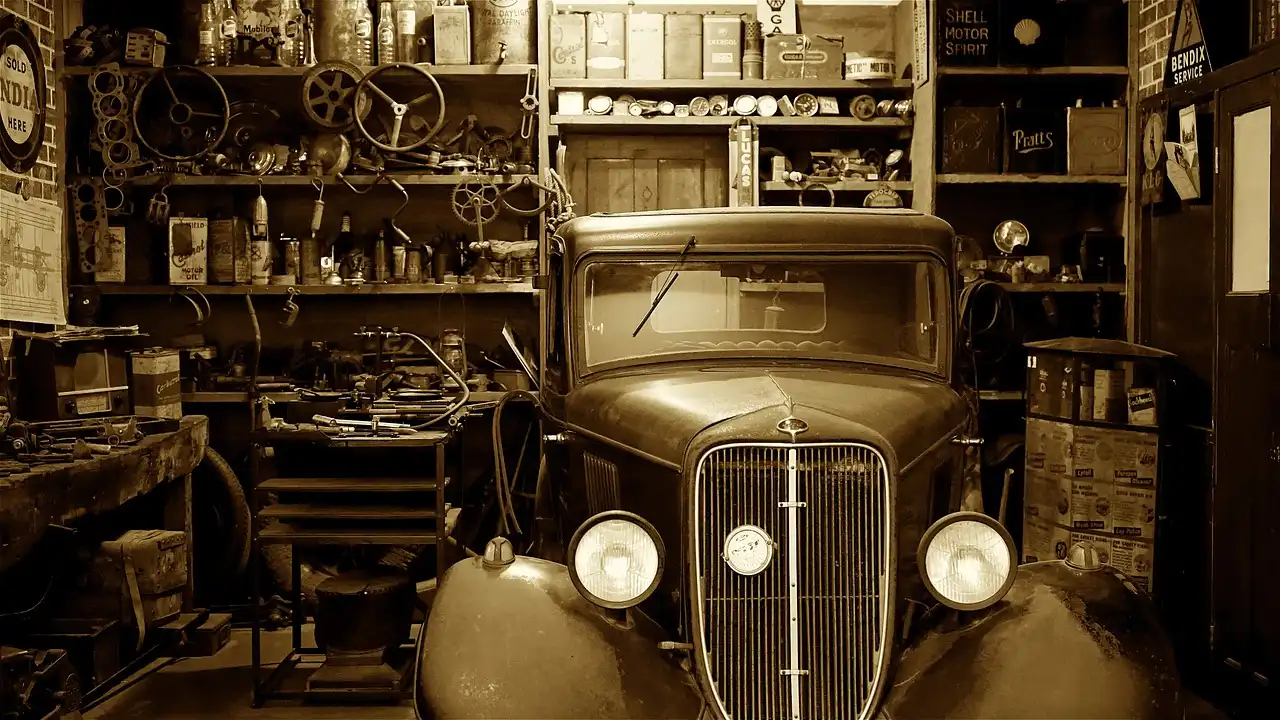 Ford dealer service bay with a technician checking a late-model sedan using a diagnostic tablet