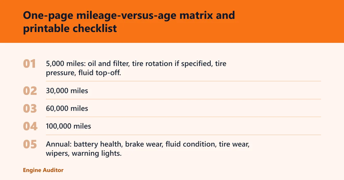 Steps: One-page mileage-versus-age matrix and printable checklist