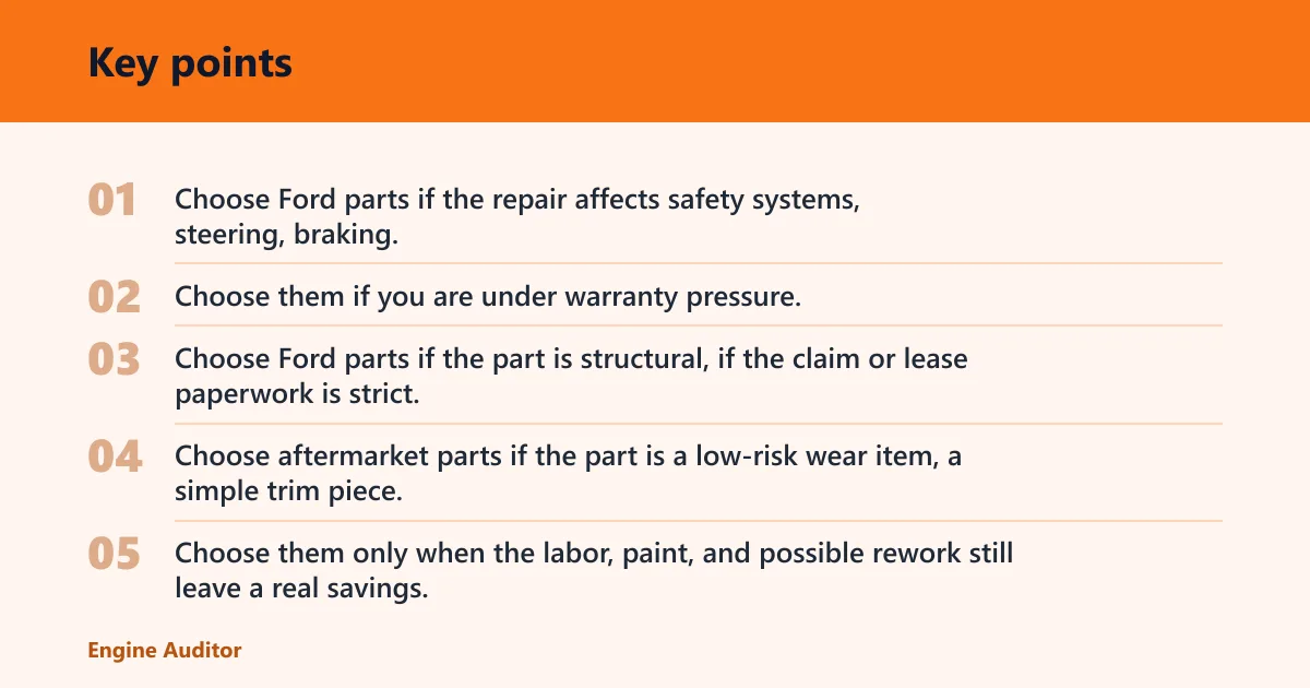 Key points: Ford parts if or aftermarket parts if
