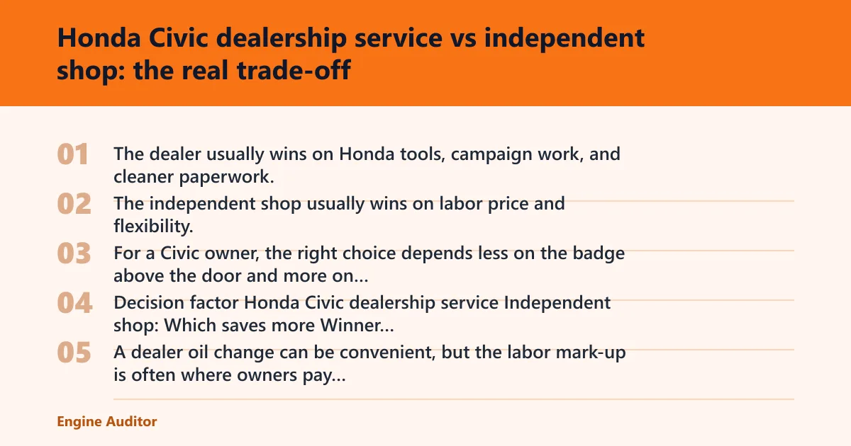 Steps: Honda Civic dealership service vs independent shop: the real trade-off