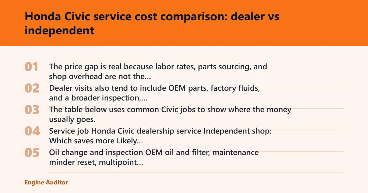 Steps: Honda Civic service cost comparison: dealer vs independent