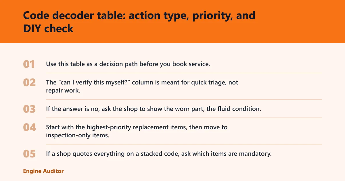 Steps: Code decoder table: action type, priority, and DIY check