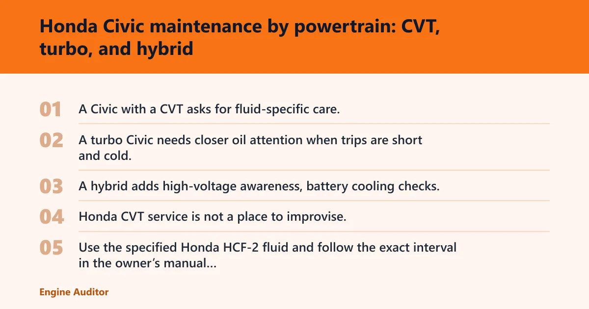 Steps: Honda Civic maintenance by powertrain: CVT, turbo, and hybrid