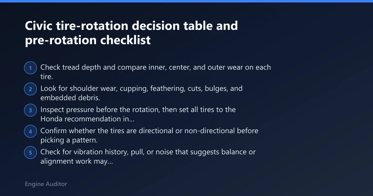 Steps: Civic tire-rotation decision table and pre-rotation checklist