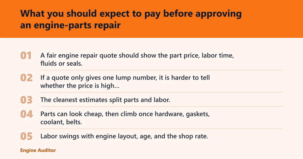 Steps: What you should expect to pay before approving an engine-parts repair