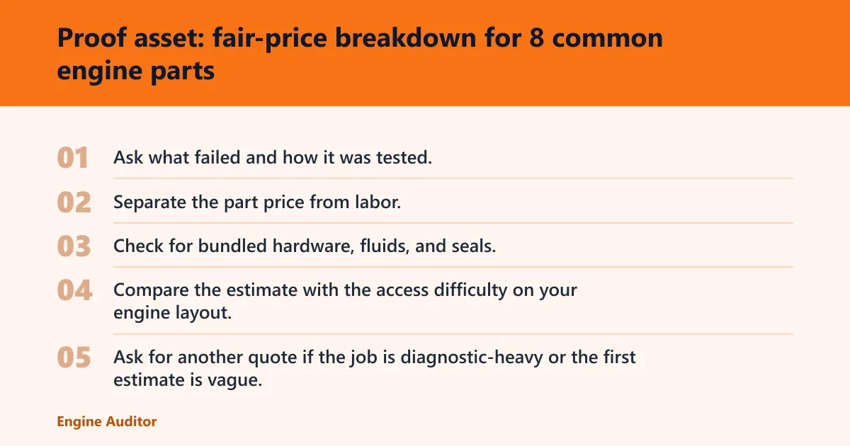 Steps: Proof asset: fair-price breakdown for 8 common engine parts