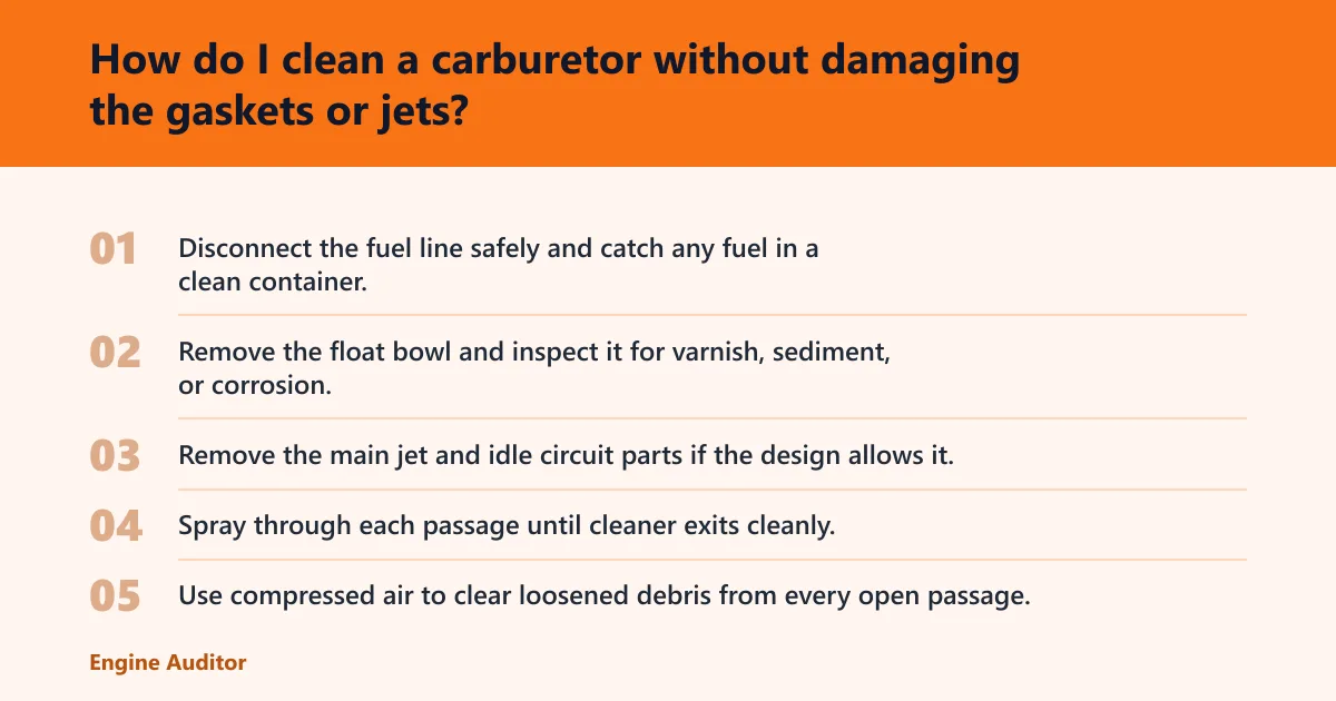 Steps: How do I clean a carburetor without damaging the gaskets or jets?