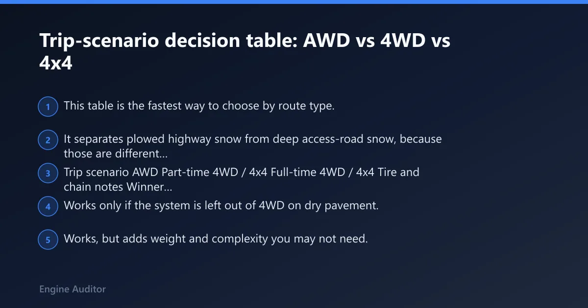 Steps: Trip-scenario decision table: AWD vs 4WD vs 4x4