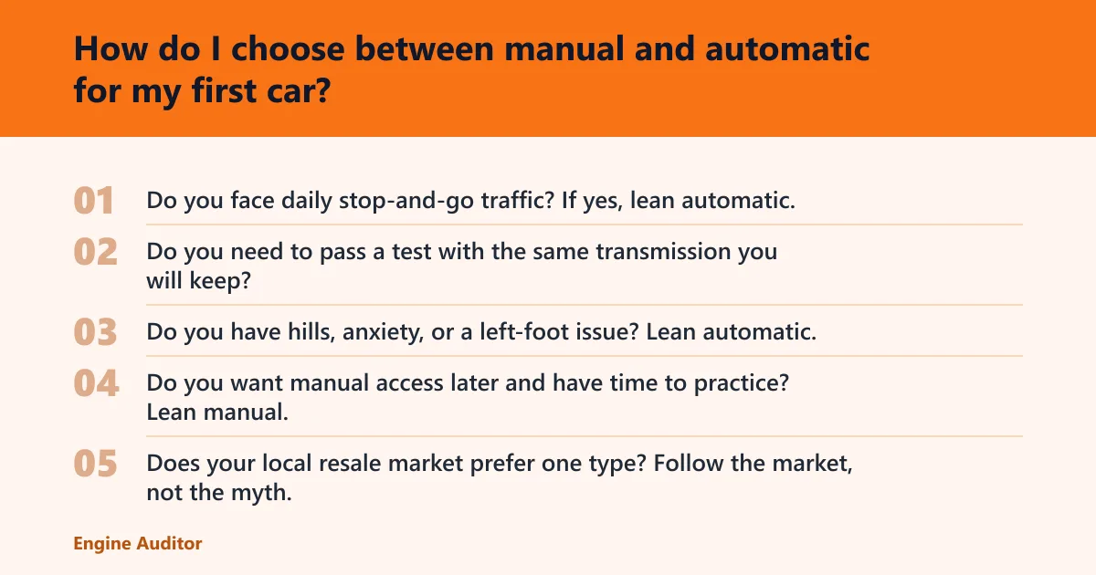 Steps: How do I choose between manual and automatic for my first car?