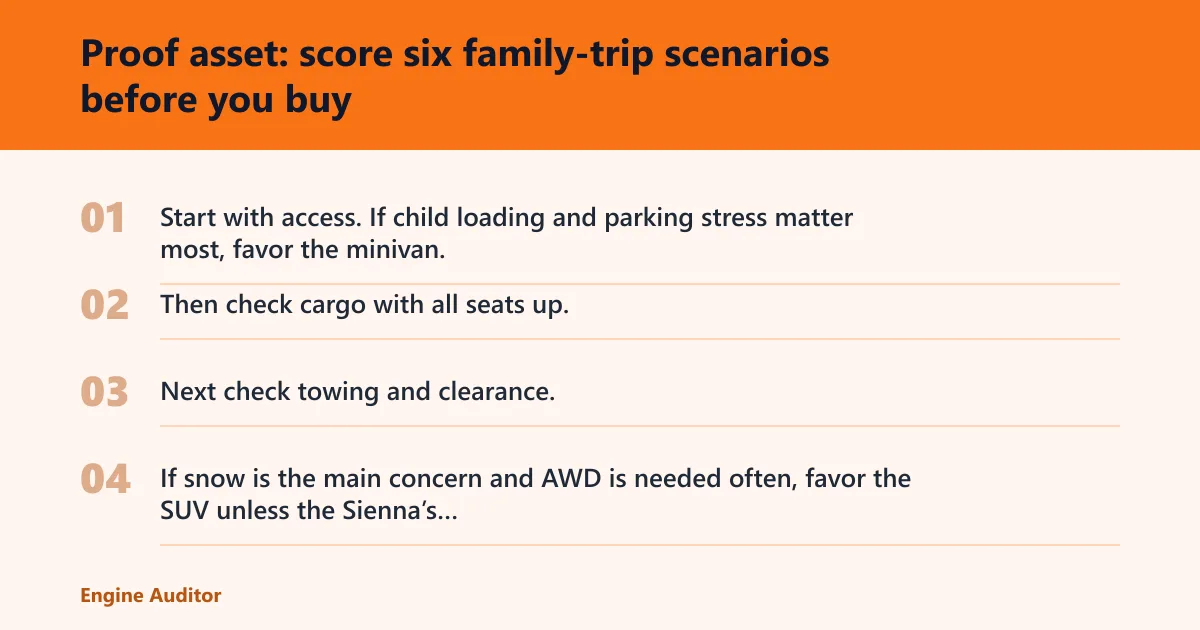 Steps: Proof asset: score six family-trip scenarios before you buy