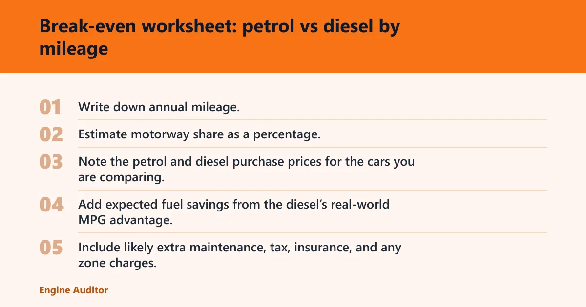 Steps: Break-even worksheet: petrol vs diesel by mileage
