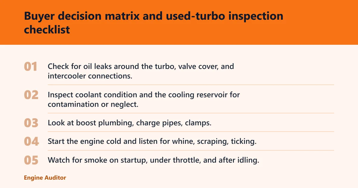 Steps: Buyer decision matrix and used-turbo inspection checklist