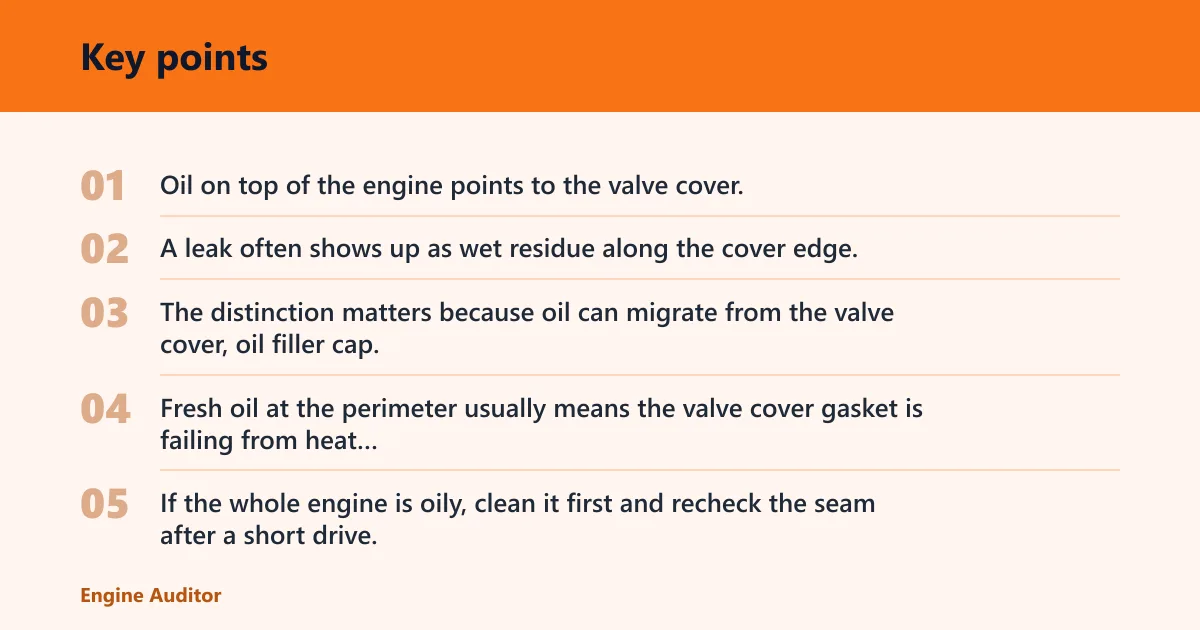 Key points: What a valve cover leak looks like