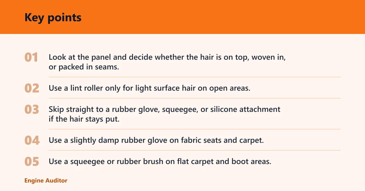 Key points: What is the fastest way to remove pet hair from car upholstery?