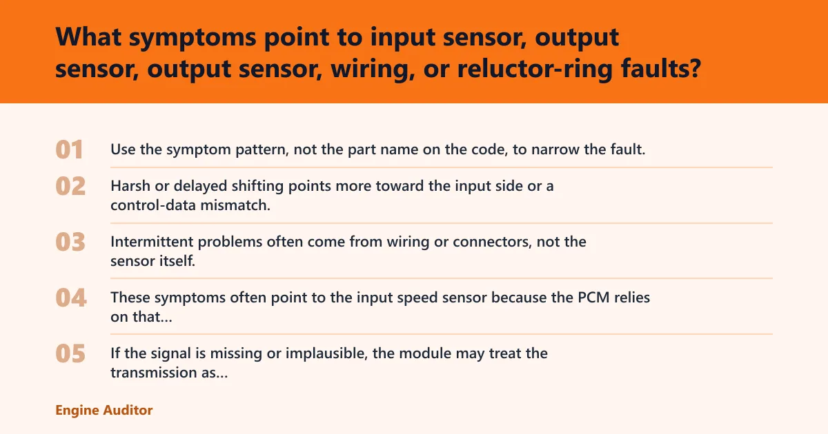 Steps: What symptoms point to input sensor, output sensor, wiring, or reluctor-ring faults?